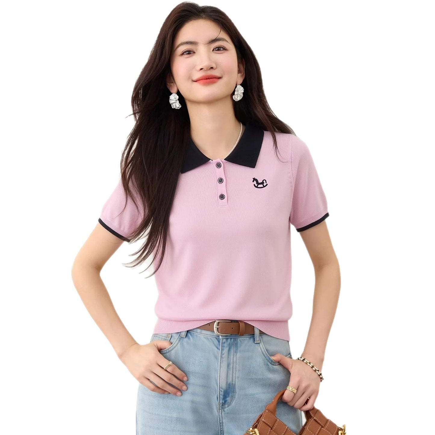 Women's Polo Neck Pink Knitted T-Shirt - Slim Fit Straight Shoulder Top
