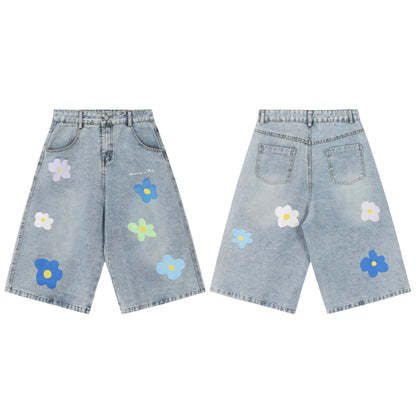Cute Floral Print Wide Leg Denim Shorts - Y2K Aesthetic Light Wash Capri Pants