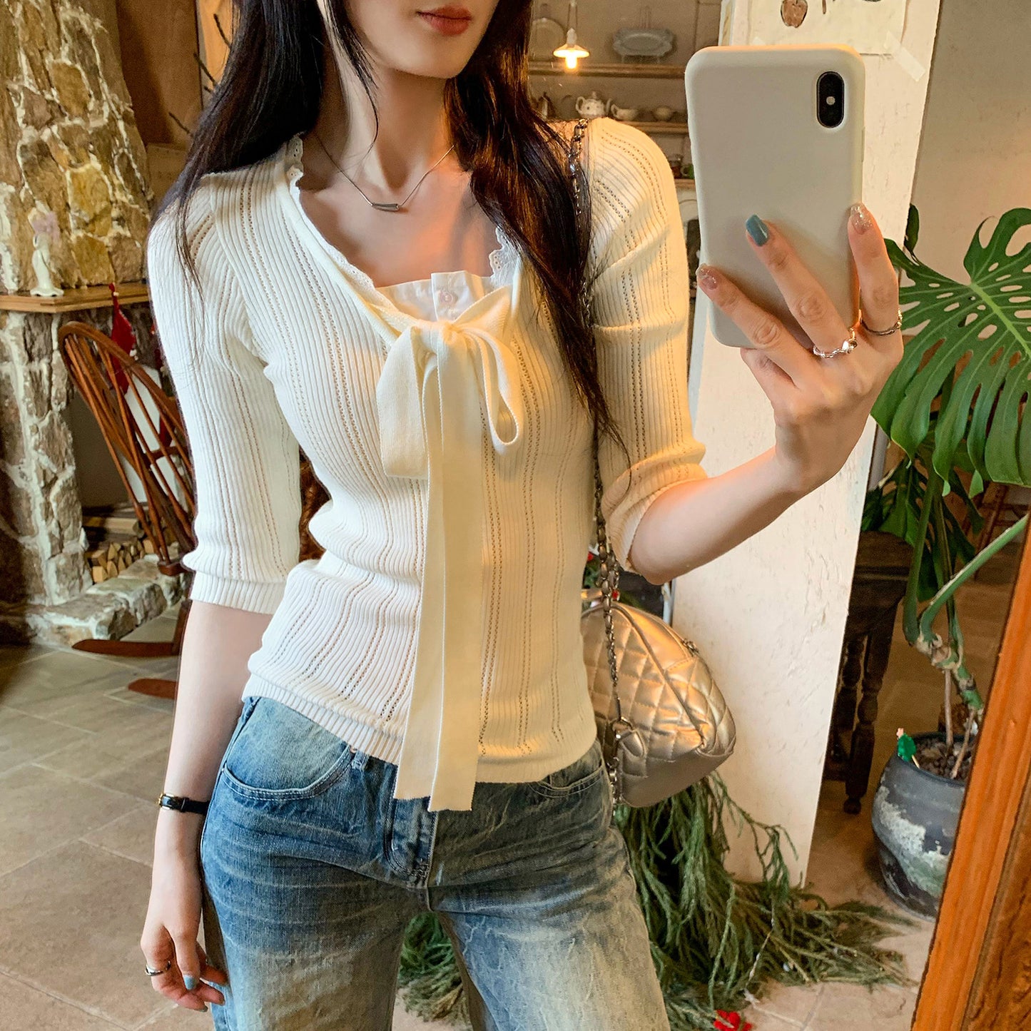 Elegant Lace Spliced Mock Two-Piece Knitted Top – Chic Knotted Fall Sweater for Women