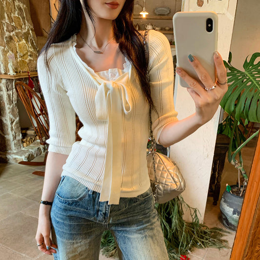 Elegant Lace Spliced Mock Two-Piece Knitted Top – Chic Knotted Fall Sweater for Women