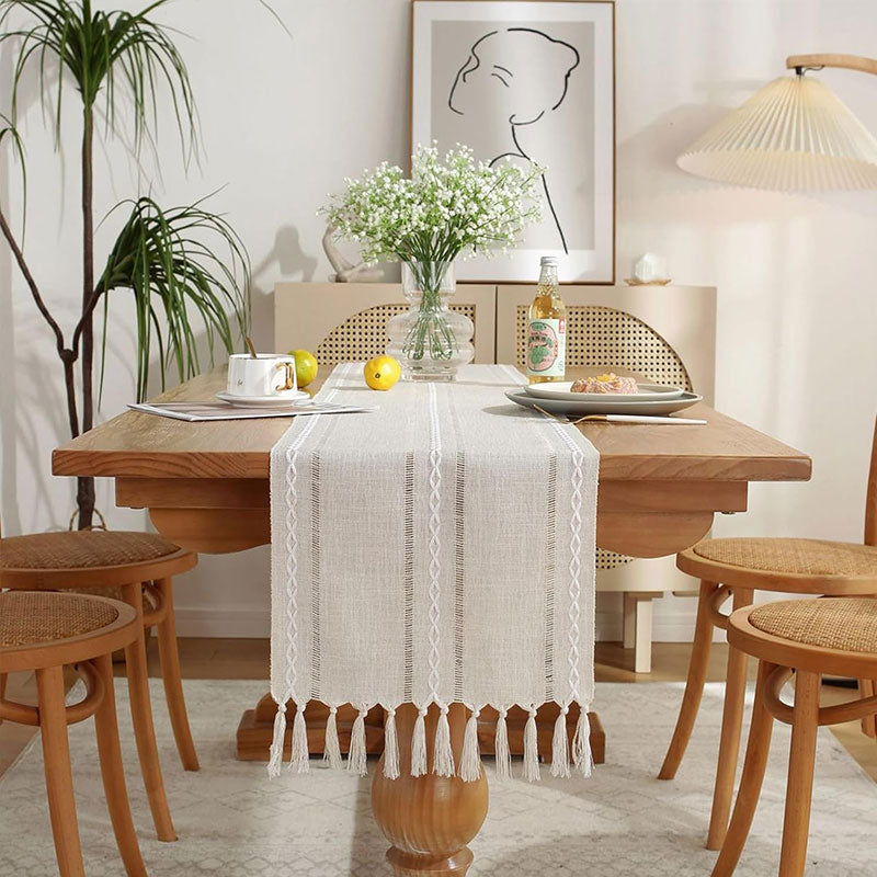Rustic Hand-Woven Table Runner – Cotton & Linen Boho Table Flag with Tassels