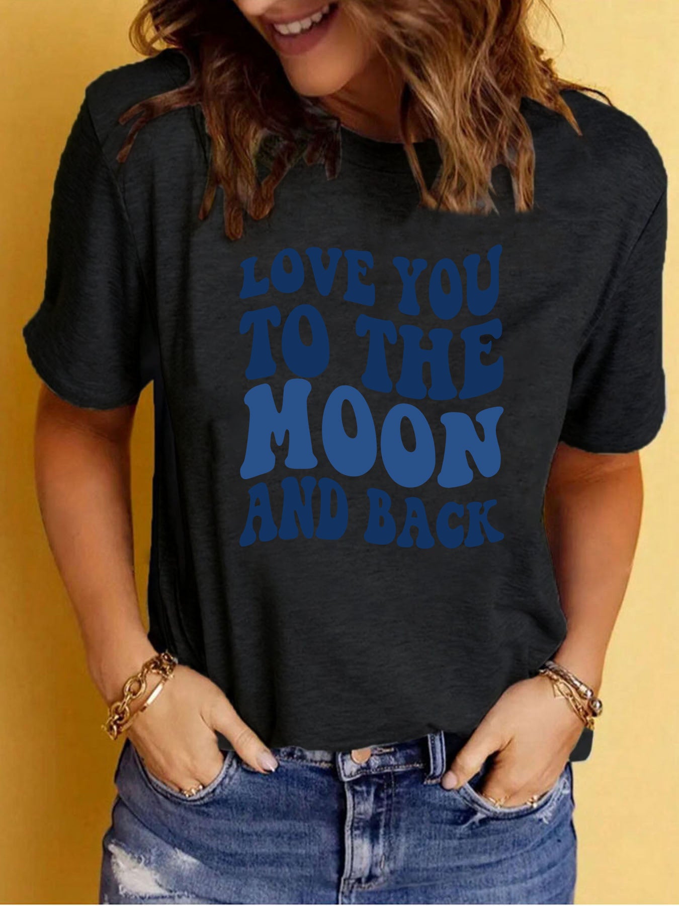 Love You to the Moon and Back' Slogan Printed Round Neck Short Sleeved Shirt