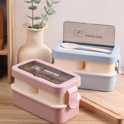 Modern Double-Layer Microwaveable Bento Box - Stylish Dual-Compartment Lunch Box with Built-in Cutlery Storage (Leak-Proof)