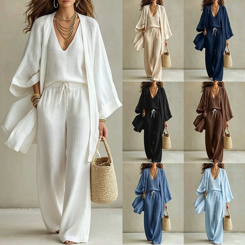 Elegant Linen Look 3-Piece Matching Set - Flowing Open Front Shrug with Wide Leg Pants