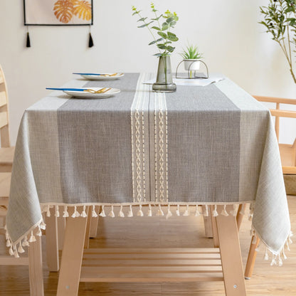 Nordic Jacquard Cotton Linen Tablecloth – Elegant Pink Long Stripe Table Cover with Decorative Tassels