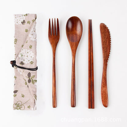 Japanese Style 3-Piece Portable Wooden Cutlery Set with Pouch