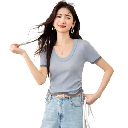 Women's U-Neck Color-Block Knit Top - Slimming Waist Cinching T-Shirt