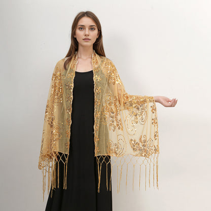 Long Fringe Sequin Embroidered Shawl | Party Dress Evening Banquet Thin Scarf