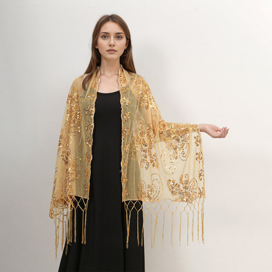 Long Fringe Sequin Embroidered Shawl | Party Dress Evening Banquet Thin Scarf