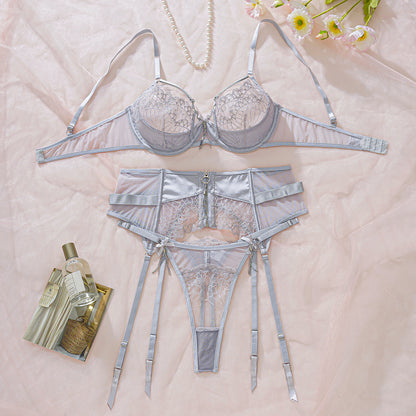 Embroidered Mesh 3-Piece Lingerie Set with Garter Belt