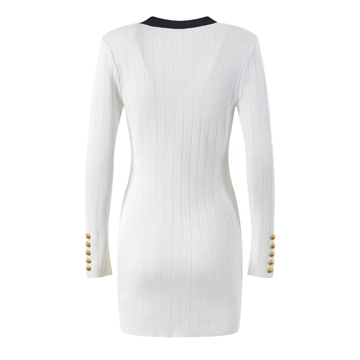 Luxury Contrast Knit Mini Dress - Elegant Gold Button Deep V-Neck Sweater Dress for Women