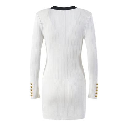 Luxury Contrast Knit Mini Dress - Elegant Gold Button Deep V-Neck Sweater Dress for Women