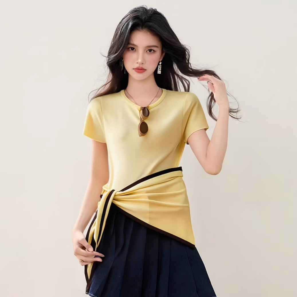 Women's Yellow Knitted Short Sleeve T-Shirt - Summer Outfit Chic Top