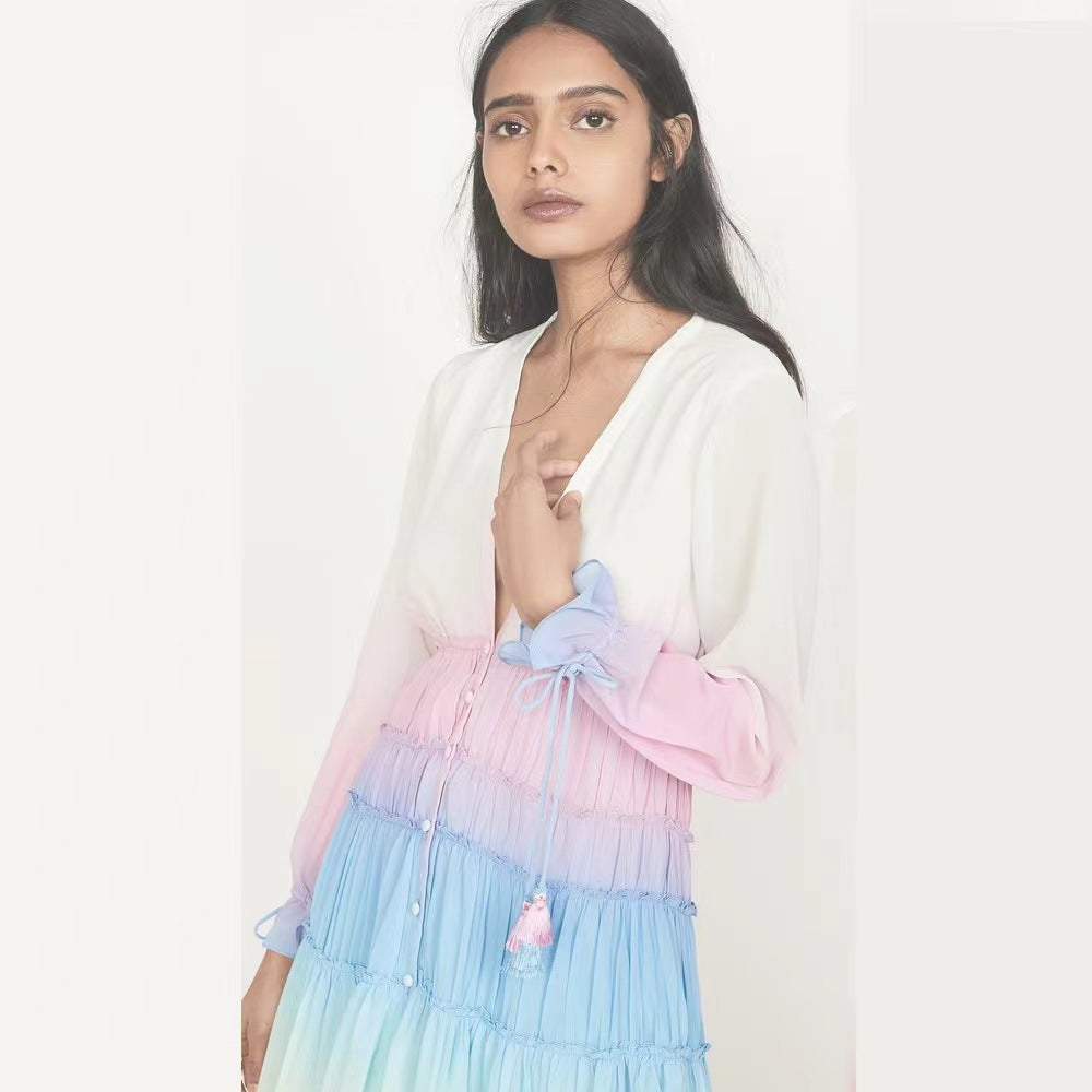 Gradient Sunset Ruffle Maxi Dress - Boho Deep V-Neck Long Sleeve Beach Gown