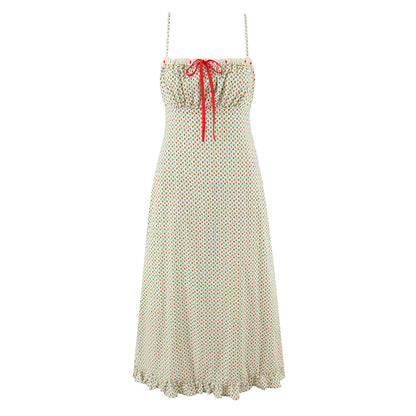 Sweet Floral Print Camisole Maxi Dress – Chic Sleeveless Long Skirt with Ribbon Bow for Women