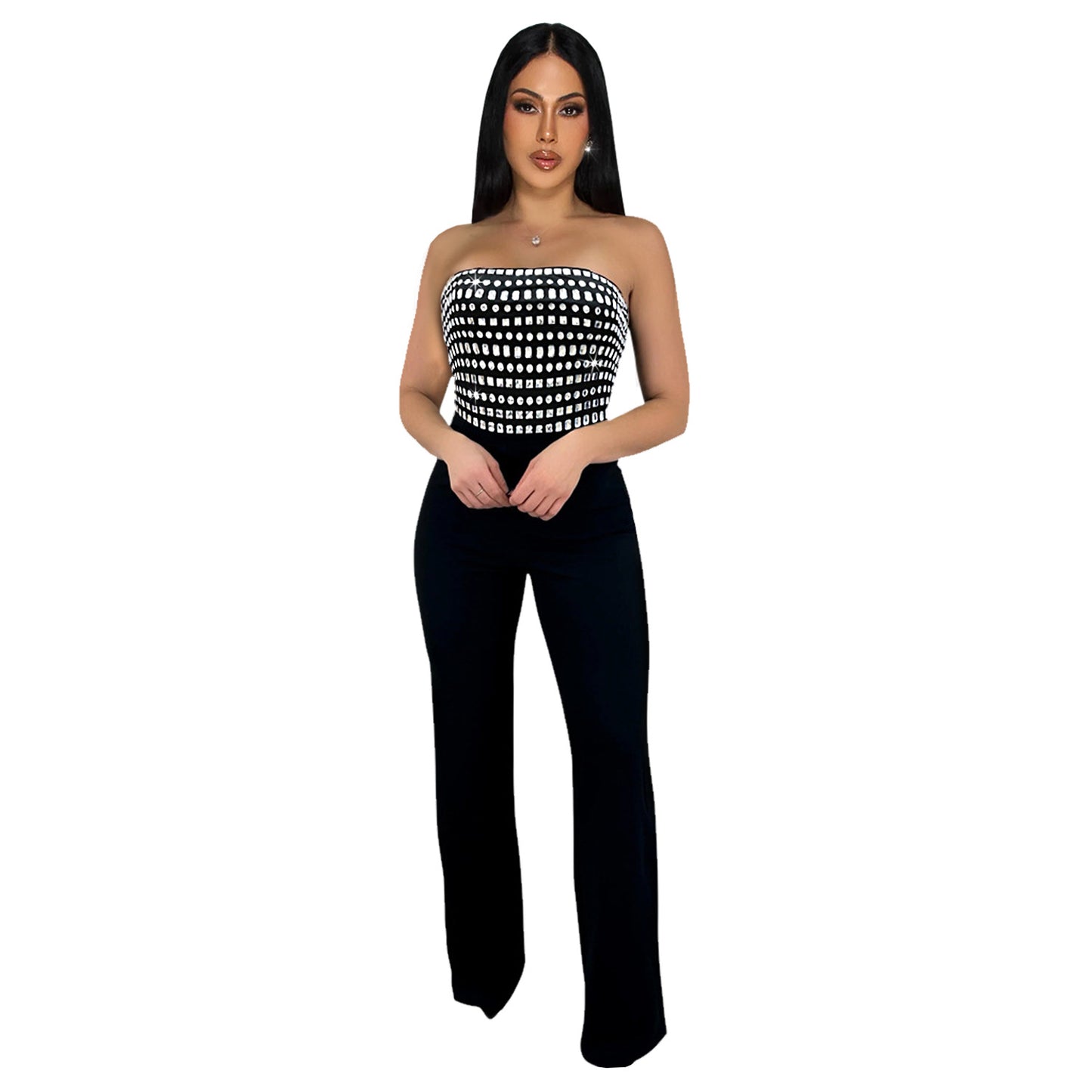 Luxury Rhinestone Strapless Bodysuit & Straight Fit Long Pants Set - Chic Two-Piece Party Outfit