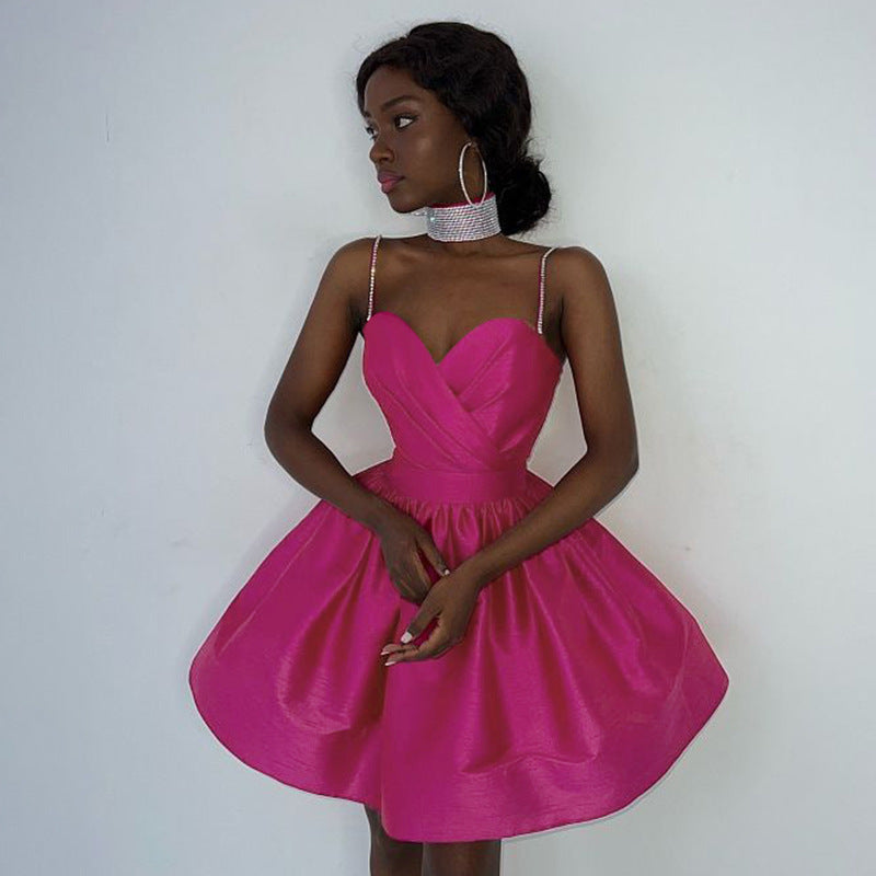 Glamorous Hot Pink Diamond Chain Strap Dress - Elegant Satin Party Mini Gown