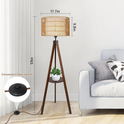 Boho Wooden Tripod Floor Lamp – Elegant Standing Lamp with Rattan Shade & Built-in Shelf for Bedroom Decor
