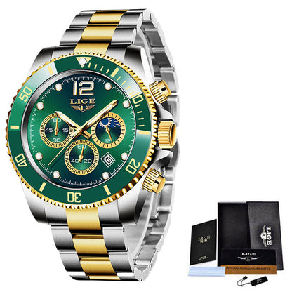 LIGE Luxury Men's Chronograph Quartz Watch - Waterproof Stainless Steel Sports Wristwatch