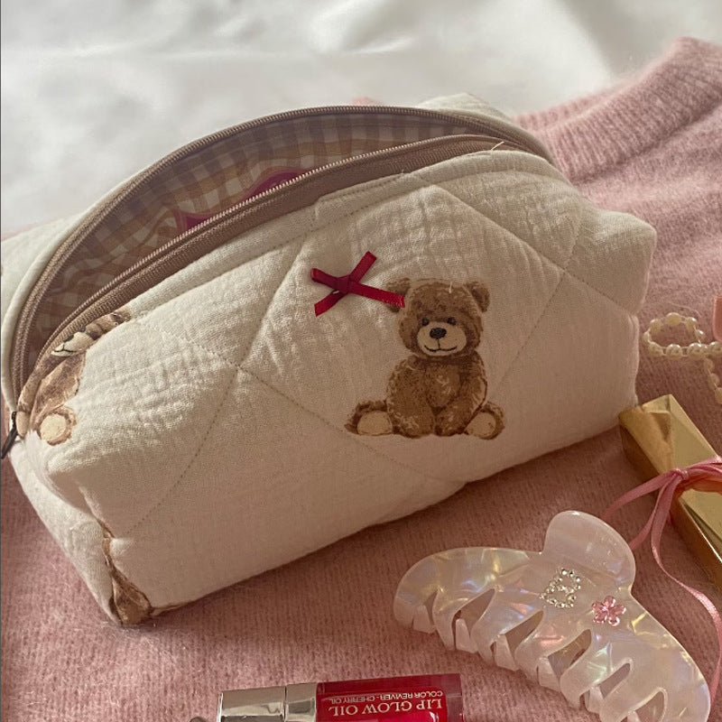 Cute Teddy Bear Quilted Portable Makeup & Skincare Storage Bag
