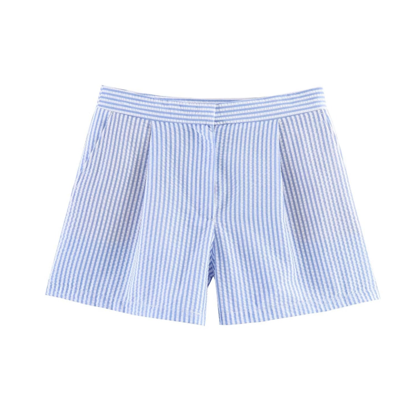 Chic Blue and White Vertical Striped High-Waisted Shorts