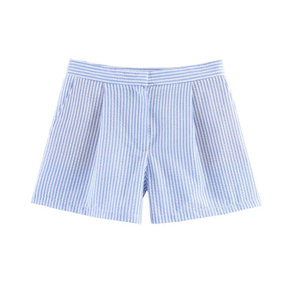 Chic Blue and White Vertical Striped High-Waisted Shorts
