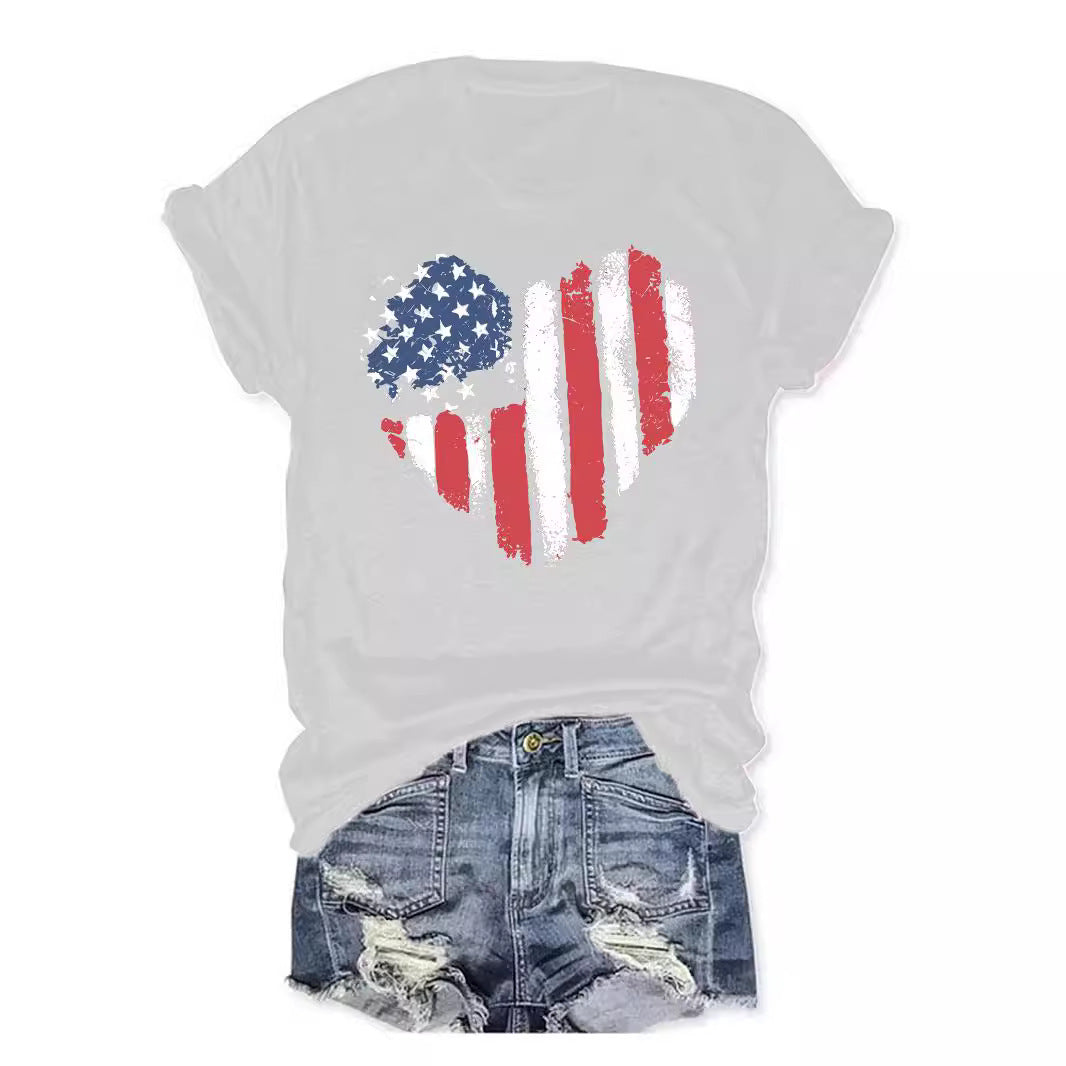 American Flag Heart Graphic T-Shirt | Patriotic Round Neck Short Sleeve Top