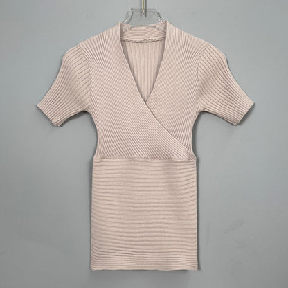 Chic V-Neck Ribbed Knit Short Sleeve Wrap Top