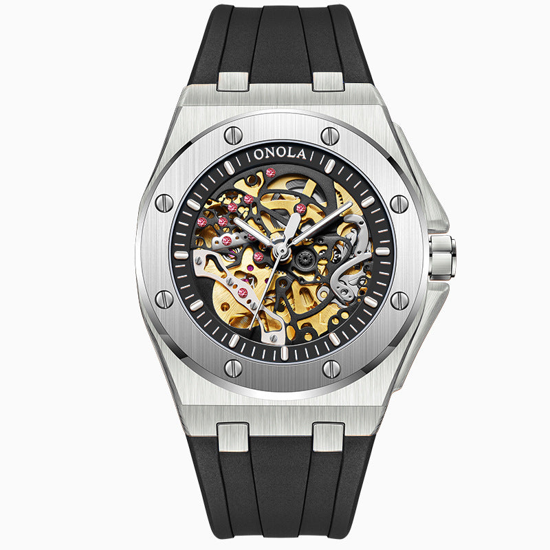 Fashionable Rose Gold Men's Watch - Premium Mechanical Timepiece with Silicone Strap