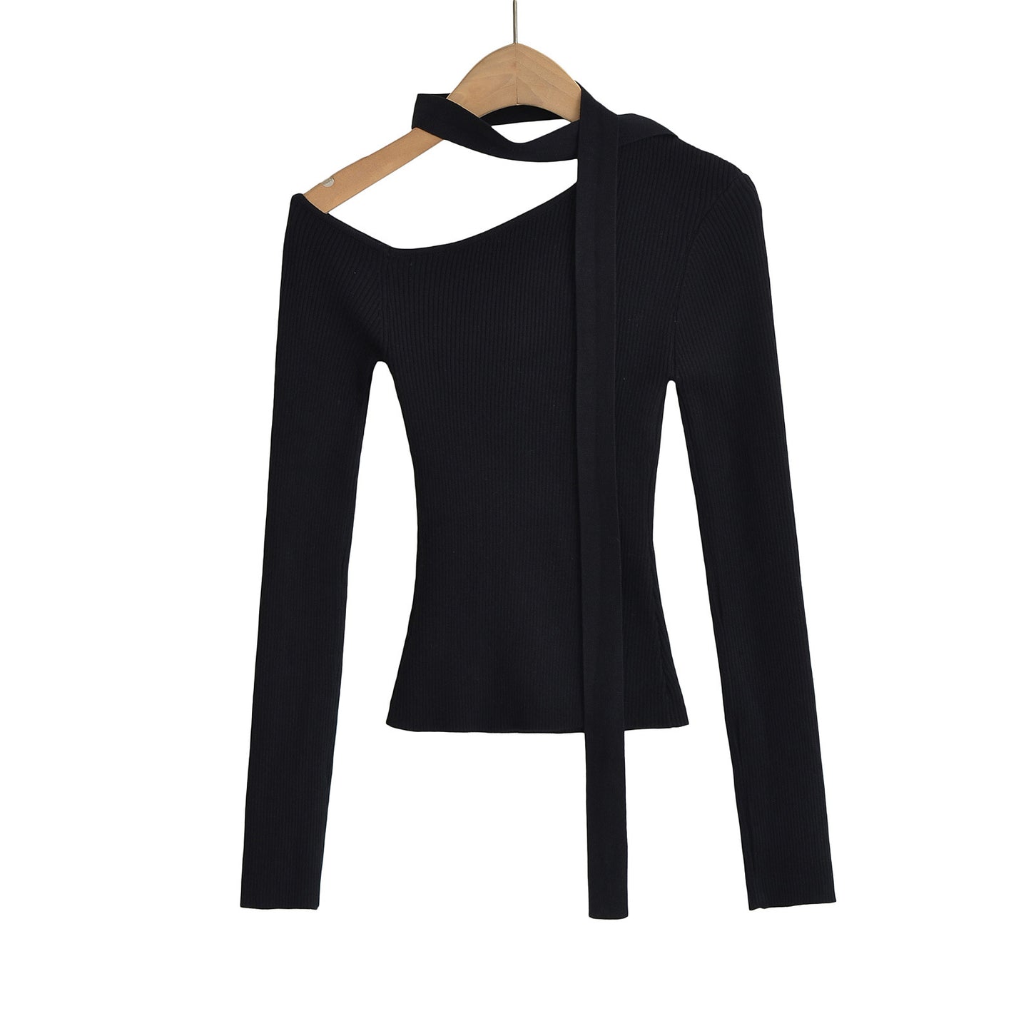 Trendy Slanted Collar Off-Shoulder Ribbed Top - Chic Asymmetric Long Sleeve Shirt