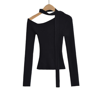 Trendy Slanted Collar Off-Shoulder Ribbed Top - Chic Asymmetric Long Sleeve Shirt