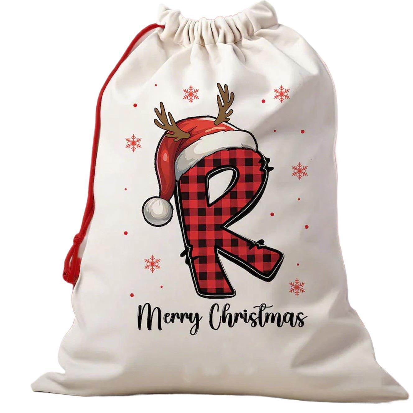 Personalized Christmas Alphabet Cotton Drawstring Bag - Plaid Santa Hat Gift Sack