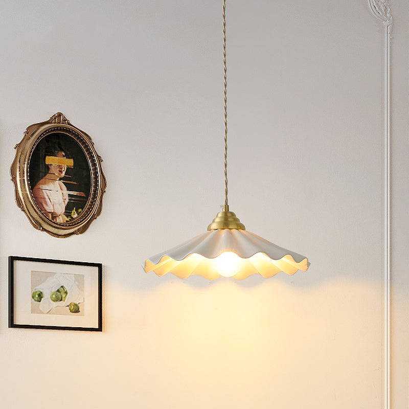 All-Copper Retro Rice-Hat Pendant Light – Elegant Floral Ceramic Chandelier for Bedroom & Cafe