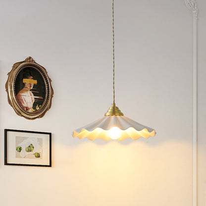 All-Copper Retro Rice-Hat Pendant Light – Elegant Floral Ceramic Chandelier for Bedroom & Cafe