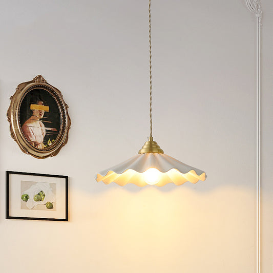 All-Copper Retro Rice-Hat Pendant Light – Elegant Floral Ceramic Chandelier for Bedroom & Cafe