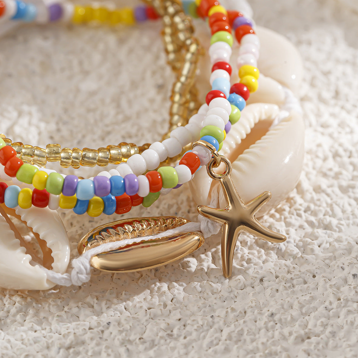 Bohemian Rice Bead & Cowrie Shell Bracelet Set - Layered Starfish Vacation Jewelry