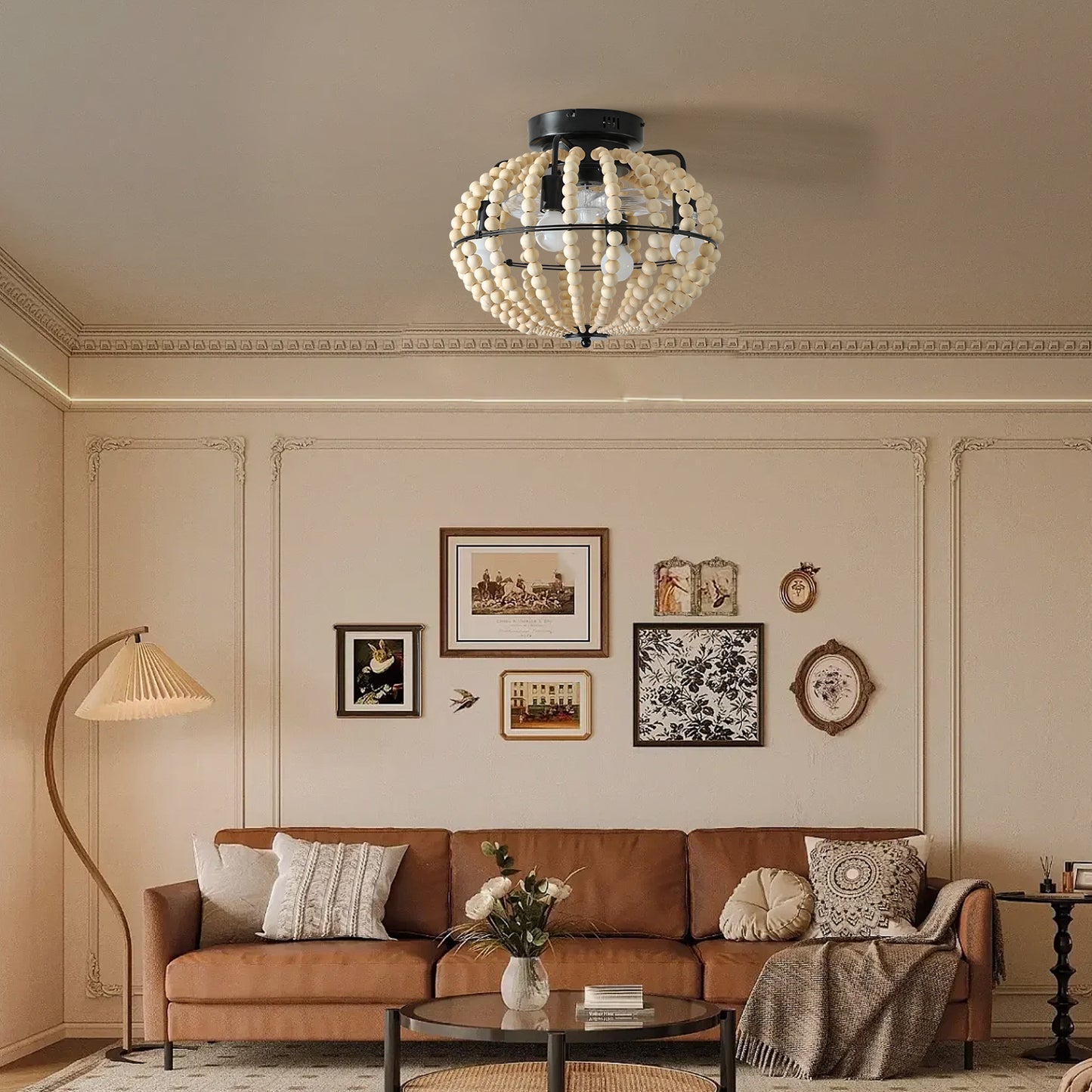 Bohemian Wood Beaded Chandelier – Elegant Flush Mount Ceiling Light for Bedroom & Nursery