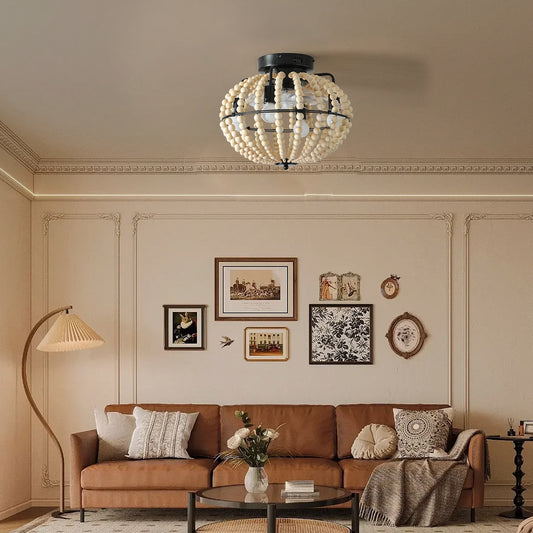 Bohemian Wood Beaded Chandelier – Elegant Flush Mount Ceiling Light for Bedroom & Nursery