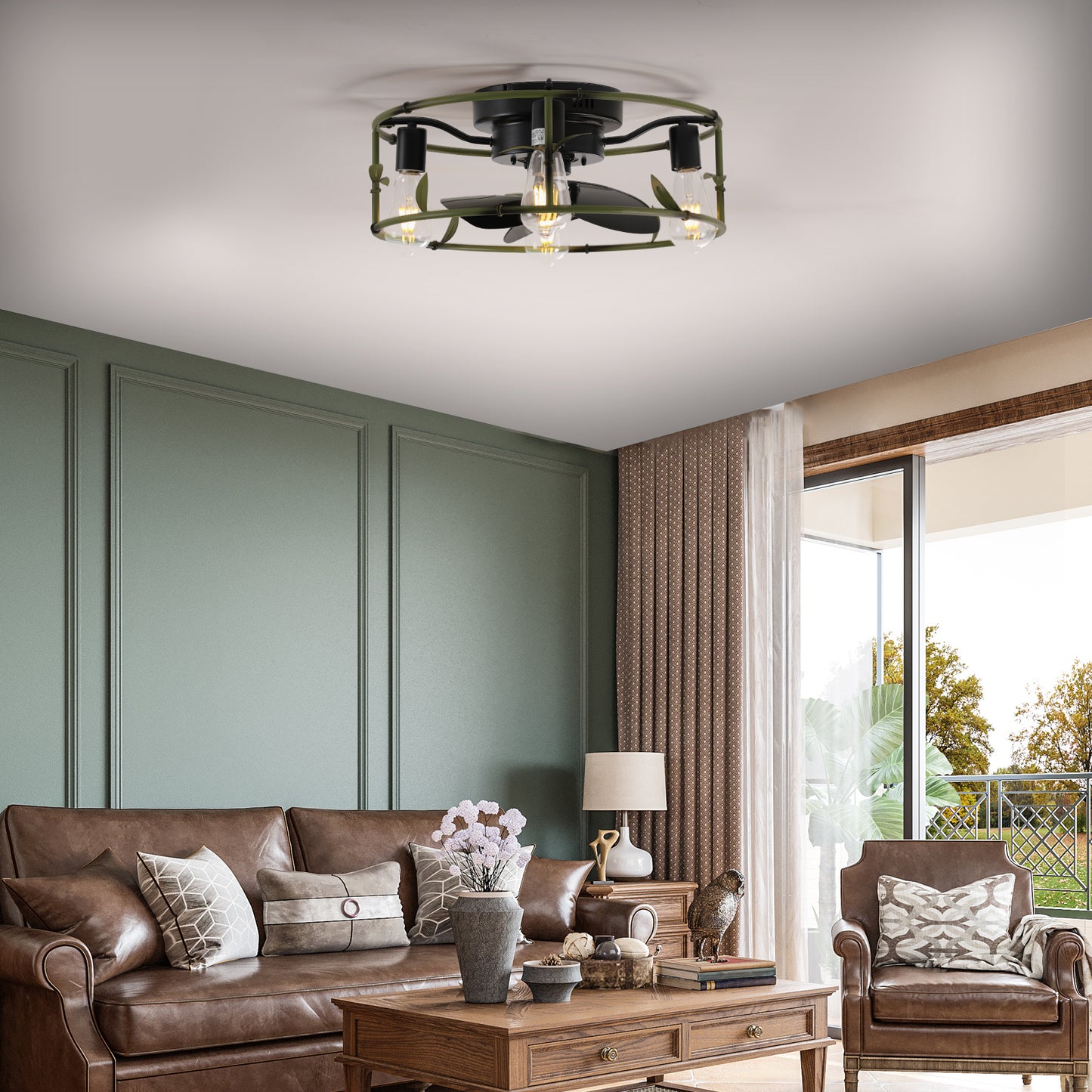 Modern Low Profile Caged Ceiling Fan with Lights – Remote Controlled Flush Mount Fan for Bedroom & Dining