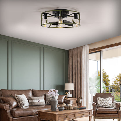 Modern Low Profile Caged Ceiling Fan with Lights – Remote Controlled Flush Mount Fan for Bedroom & Dining