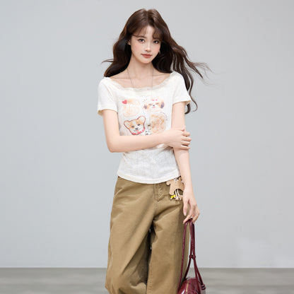 Women's Cute Graphic Print Off-Shoulder Short Sleeve T-Shirt