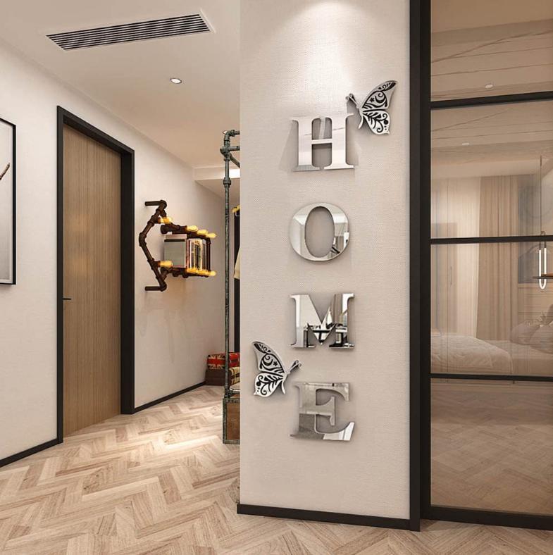 3D Acrylic Mirror Wall Sticker – "HOME" Letter with Butterflies for Living Room Decor