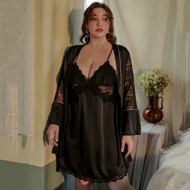 Elegant Lace Trim Suspender Nightdress - Curvy Women's Imitation Silk Pajama Dress