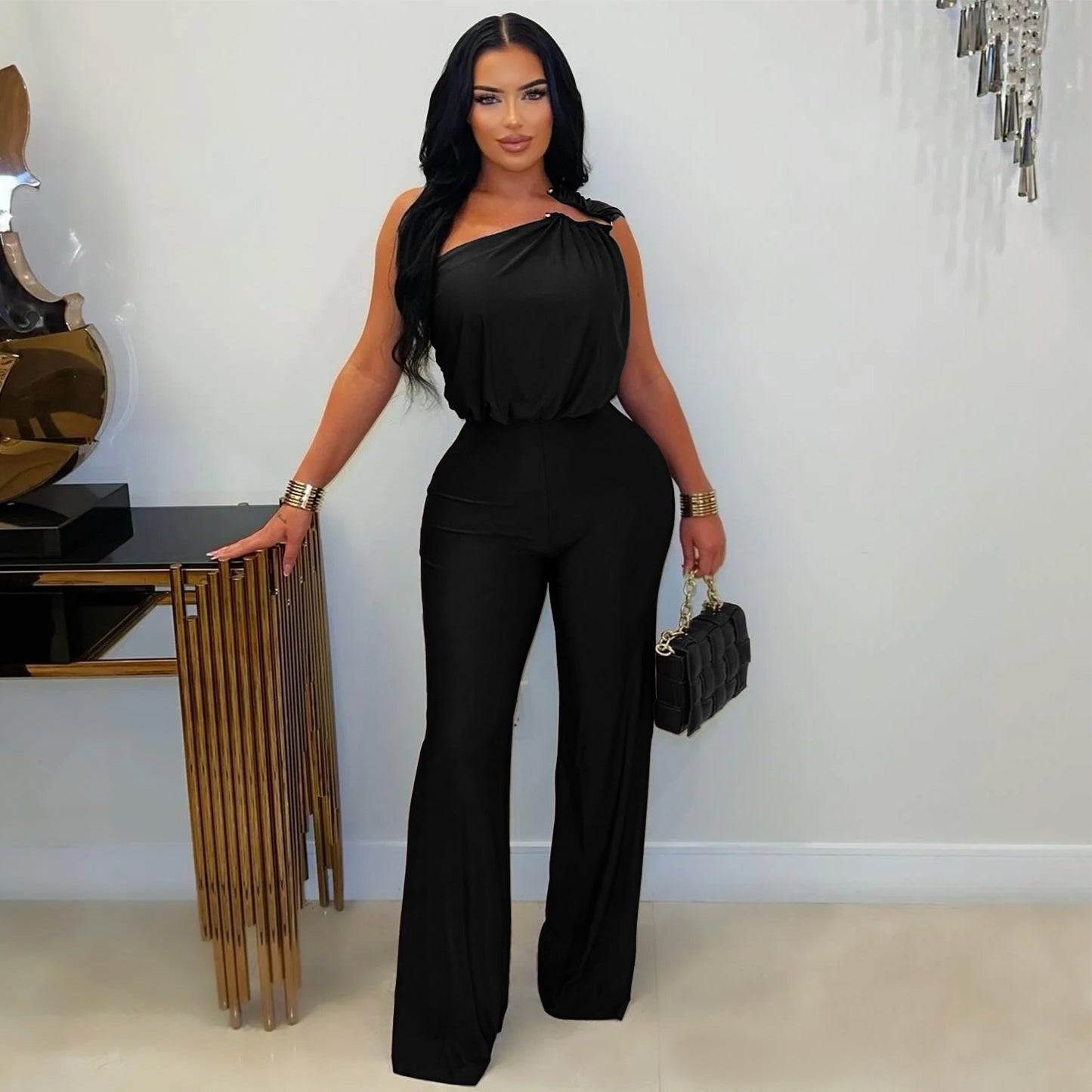 Chic One-Shoulder Wide-Leg Jumpsuit – Elegant Sleeveless Bodycon Romper for Women