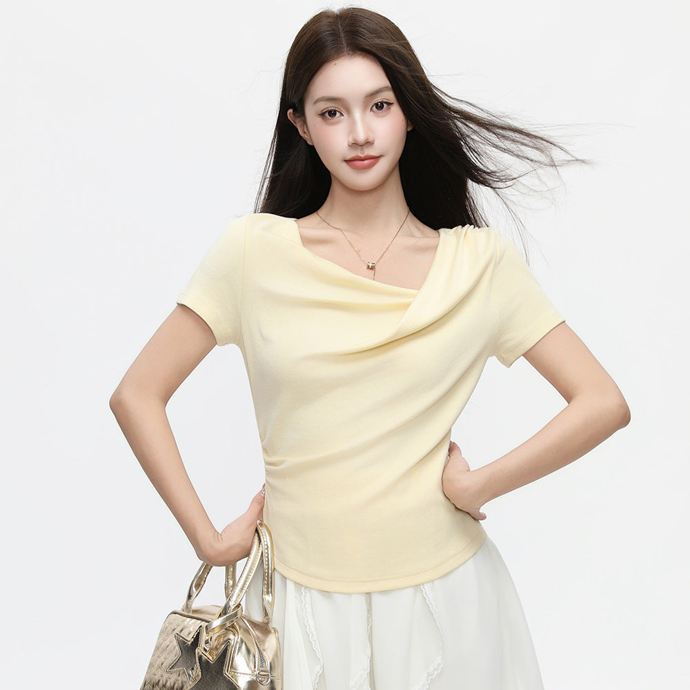 Women's Ruffled Neck Convertible Top - Casual Chic Short Sleeve Tee