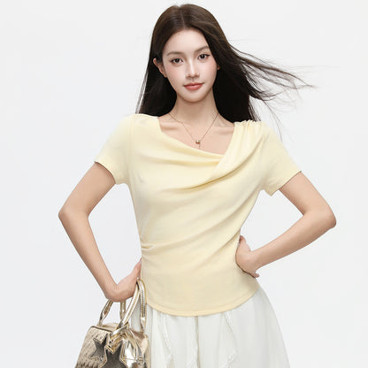 Women's Ruffled Neck Convertible Top - Casual Chic Short Sleeve Tee