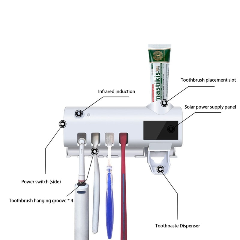 Smart UV Toothbrush Sanitizer & Holder – Wall-Mounted Automatic Toothpaste Squeezer for Bathroom Hygiene