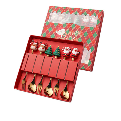 Luxury Christmas Gift Tableware Set - Gold Stainless Steel Coffee Spoon & Dessert Fork with Festive Cartoon Handles (Set of 4)