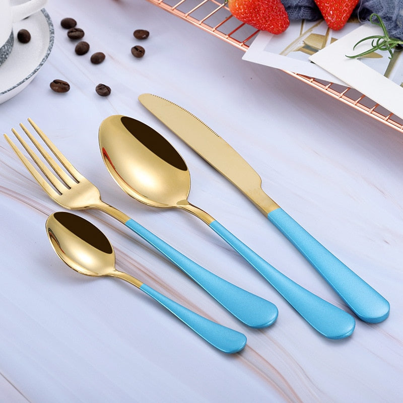 Multi-Color Rainbow/Gold Stainless Steel Cutlery Dinnerware Set (Knife, Fork, Spoon)