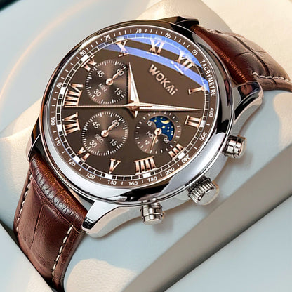 Luxury Men's Business Quartz Chronograph Watch with Brown Leather Strap.